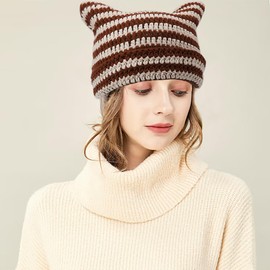 XYIYI Crochet Hats for Women Cat Ear Knitting Hat Vintage Beanie Grunge Accessories Slouchy Hats for Women, Brown/Beige