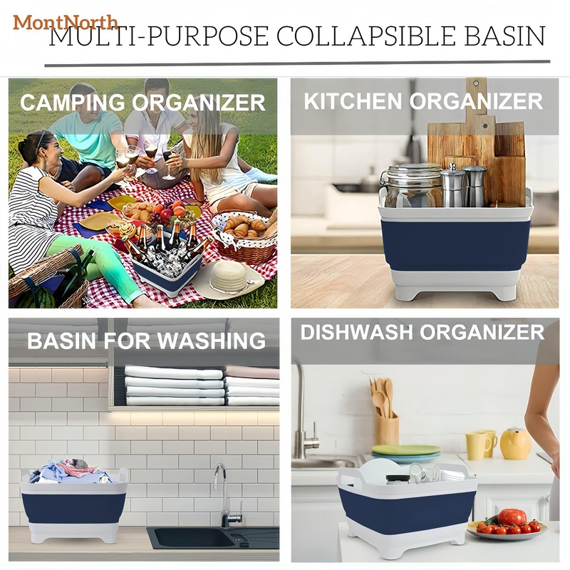 Collapsible Wash Basin 9L, Foldable Dish Tub with Drain Plug,