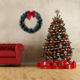 BESTOYARD Christmas wreath front door pine needles garland with bow ornaments (White Brim)