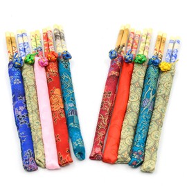 5 Pairs Bamboo Chinese Style Decorative Pattern Chopstick with Cloth Pack Tableware Gift Set