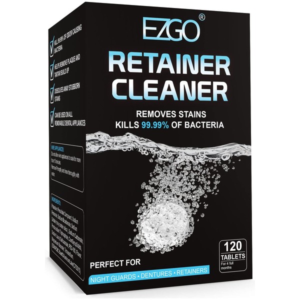 EZGO Retainer Cleaner Tablets,Denture Cleaning Tablets for Remove Stains,Bad Odor,Cleaning Mouth Guard,Night Guard and Removable Dental Appliances in 3 Minutes,120 Tablets - 4 Months Supply