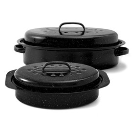 Granite enamel roaster with lid 13inch 18inch Granite Roasting Pans Set with racks Suitable for cooking poultry and turkey Dishwasher safe Holiday birthday gifts Resists up to 932°F