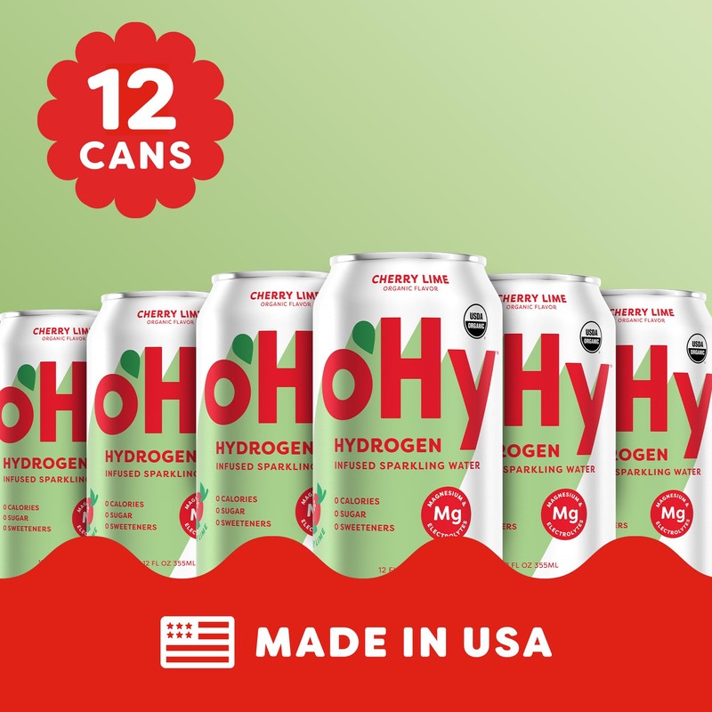 oHy Cherry Lime Sparkling Water, Hydrogen Infused, USDA Organic, Magnesium,