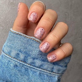 24Pcs Square False Nails Short - Nude & Dots Press on Nails - Fake Nails with Glue Removable - Stick on Nails French Tip - Full Cover False Nails & Accessories Nails Art for Women