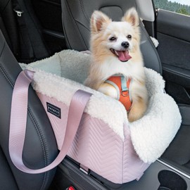 PETSFIT Cat Car Seat, Portable Console Dog Car Seat with Safe Protective Hooks, Luxury Pet Car Seat, Dog Car Carrier Includes Safety Tether for Pets Up to 12 lbs (Pink)