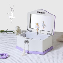 Musical Jewelry Box-Medium Ballerina Musical Chest with Mirror and Necklace for Girls,Jewelry Storage,Swan Lake Tune, Gift for Christmas,Birthday,New Year and All Holidays- (white/purple)
