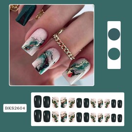 Press on Nails Square Medium Green Glossy Full Cover Acrylic Square False Nails with Marble Gold Line Designs Artificial Short Coffin Fake Nails Glue Stick on Fingernails for Women Girls