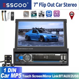 ESSGOO Single 1 DIN 7" Flip Out Bluetooth Car Stereo Touch Screen USB FM Camera