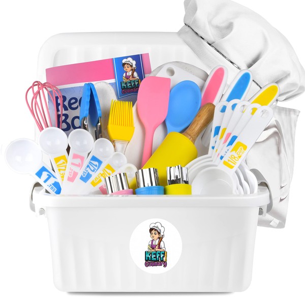 KEFF Kids Cooking and Baking Sets for Girls, Boys, Toddler with Real Kitchen Tools - Master Chef Jr Kit Includes Apron, Chef Hat, Recipe Book and More Utensils - Multicolor