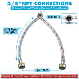 Dreyoo Y Mixer Hose Connector, Washing Machine Y Hose Split Stainless Steel, 3/4 Inch Brass Fittings, 1 ft Length Line Connector Hot and Cold Water Supply for Washing Machine Outdoor Faucets(1 Pcs)