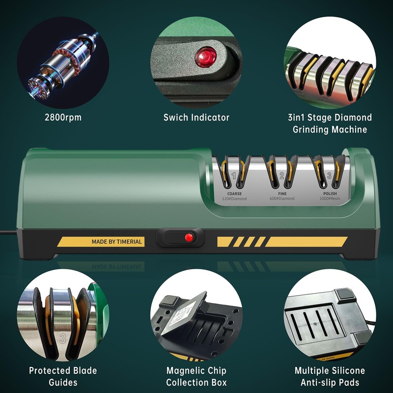 Electric Knife Sharpener for Kitchen, 3-Stage Diamond Abrasive Discs with