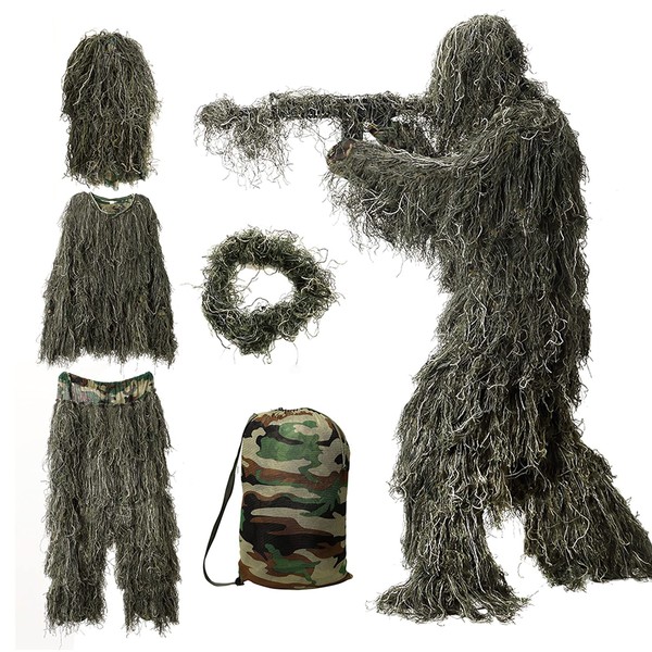DoCred Ghillie Suit, 3D Camouflage Hunting Apparel 5 in 1 Ghillie Suit Including Jacket, Pants, Hood, Carry Bag, Camo Hunting Clothes for Men, Adults, Youth