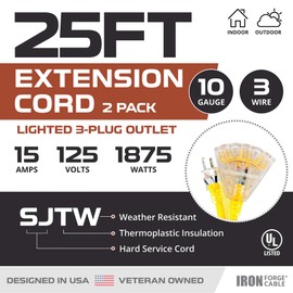 IRON FORGE CABLE 2 Pack of 10 Gauge Extension Cord 25ft with 3 Outlets, 25ft Heavy Duty Cord with Multiple Outlets 3 Prong Lighted Plug, Multi Pack Weatherproof Outdoor Extension Cord, Yellow 10/3