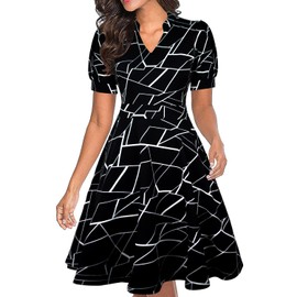 Womens Summer Black V Neck Short Sleeve Semi-Formal A-line Fit and Flare Cocktail Vintage Church Casual Business Office Cute Interview Teacher Work Dresses with Pockets M