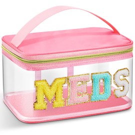 Neceser de Letra de Chenilla Bolsa de Maquillaje de Nailon Portátil Bolsa de Cosméticos de Parche Preppy con Cremallera Cosmetiquera de Almacenamiento de Artículos de Aseo (Rosa, Chic MEDS)