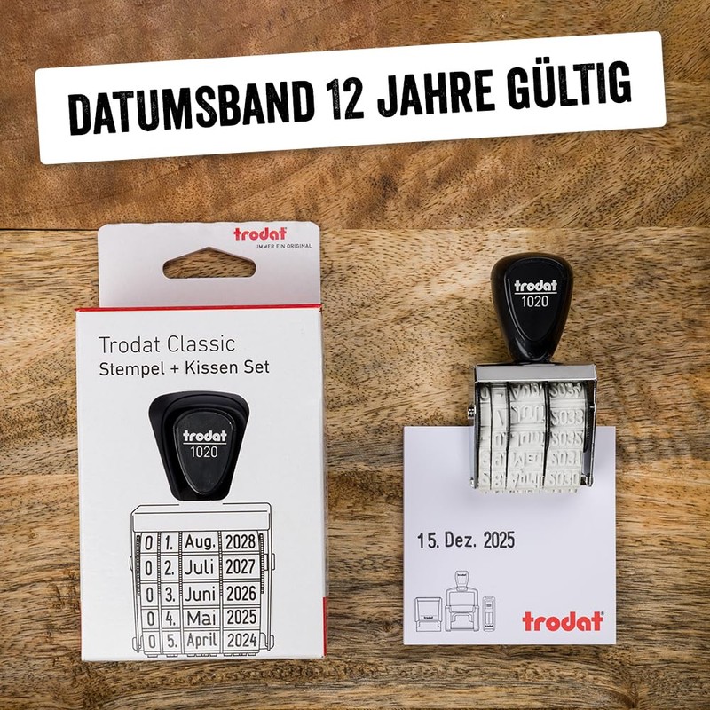 Trodat 1020 + 9051 Classic Date Stamp Set, German, Ink