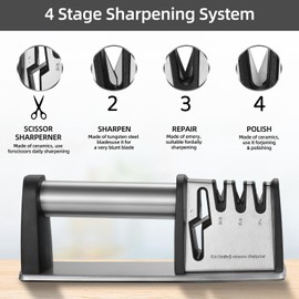Knife Sharpener, FXFSTEEL 4 Stage Professional Sharpening Tool Whetstone Scissor Blade Slot Knife Sharpeners for Chef Knife & Pocket Knives Sharp Edge, Repair, Restore and Polish