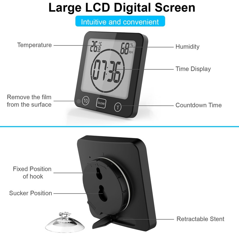 YiChZhe Bathroom Alarm Clock Bath Timer Waterproof Digital Bathroom Clock