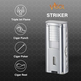 Visol Striker Butane Torch Triple Flame Refillable Gas Lighter, Built in Punch, Built in Poker, Built in Holder, Windproof Adjustable Flame Lighter (Shipped Without Butane) (Silver)