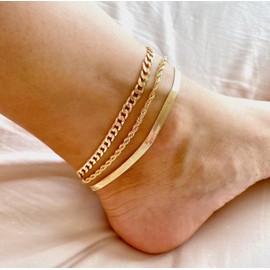 CAROVO Ankle Bracelets for Women, 14K Gold Plated Anklets Cuban Link Rope Anklets Layered Anklets for Women Girls Ankle Bracelet Summer Jewelry Gifts