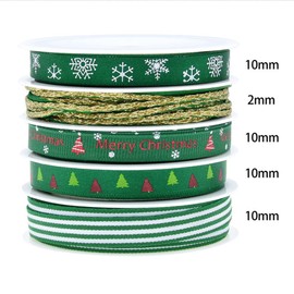 Jwssor Christmas Ribbon,5 Rolls Green Theme Wrapping Ribbon,5M per Wrapping Ribbons for Christmas DIY Craft Gift Decoration