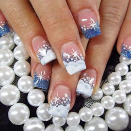 24Pcs Winter Fake Nails Blue White Glitter French Tip Press on Nails Square Short False Nails Sutaozhi Christmas Glue on Nails Full Cover Snowflake Acrylic Nails Christmas Artificial Stick on Nails