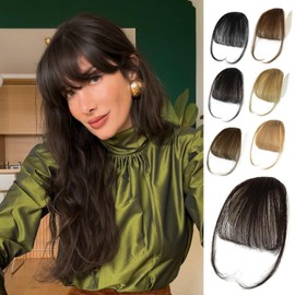 100% Human Hair Bangs Clip in Hair Extensions, Dark Brown Clip on Bangs Wispy Bangs Fringe with Temples Hairpieces for Women Curved Bangs for Daily Wear(Wispy Bangs,Dark Brown)