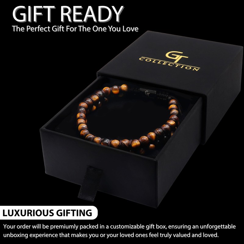 GT collection Brown Tiger Eye Bracelet for Men, Adjustable Double
