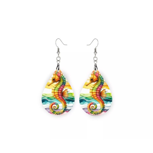 Twisted R Design Tropical Seahorse Print Wood Dangle Teardrop Print