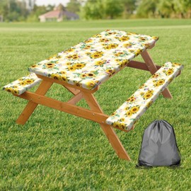 Sunflower Picnic Table Cover with Bench Covers, Yellow Buffalo Plaid Farmhouse Elastic Camping Table Cloth Picnic Party Essentials, Vintage Floral Rectangular Table Cloth Cover