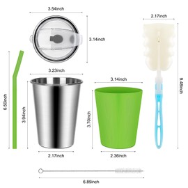 Rommeka Kids Drinking Cups, Durable Stainless Steel Tumbler Cups with Lids and Silicone Straws, Easy-Grip Sleeves, Set of 2 Spill Proof Cups for Kids (Green & Yellow)