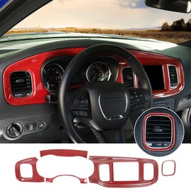 Hoolcar Interior 8.4 Inch Screen Center Console Dashboard Trim for 2015-2020 Dodge Charger, Red Carbon Fiber