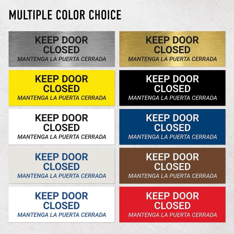 Keep Door Closed Bilingual Sign, Engraved, 3x9 Inches, Indoor/Outdoor Use,