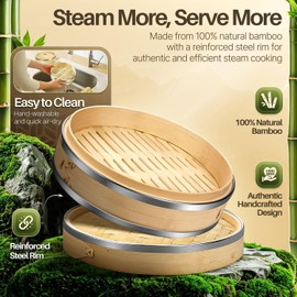 Flexzion Bamboo Steamer Basket Set (8 inch) with Stainless Steel Banding, 50 x Steamer Liners and 2 Pairs of Chopsticks, Steam Baskets for DimSum Dumplings, Rice, Vegetables, Fish and Meat