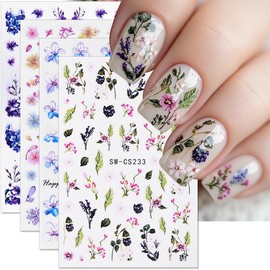 4 Sheets Flower Nail Stickers for Women, 3D Colorful Flower Nail Decals for Nail Art Supplies Spring Summer Floral Stickers for Nails Design Self-Adhesive Floral Sticker Manicure Decor Accessories