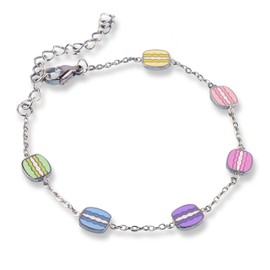 Rainbow Macaron Bracelet, Adjustable Chain, Hypoallergenic & Waterproof, Stainless Steel w/Optional 18k Gold Plating, Pastel Enamel Dessert Design (Silver (Stainless Steel))