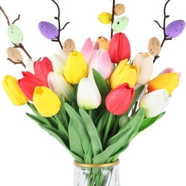 Cumule Multicolor Artificial Tulips Flowers Artificial Easter Eggs Stems Fake Faux PU Tulip Bouquet for Spring Easter Home Kitchen Decor Wedding Bouquet Decorations Office Floral Arrangements