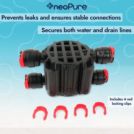 ASV-204E-ALC Automatic Shutoff Valve for RO Systems, 1/4" Quick-Connect, Includes 4 Red Clips for Water & Drain Line Locking – Compatible with Most Reverse Osmosis Systems