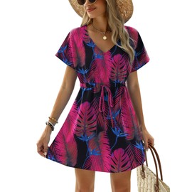 Ekouaer Womens Swimsuit Coverup Short Sleeve Beach Cover Up Dress V Neck Bikini Beachwear