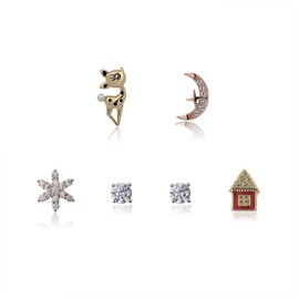 Christmas Earring Set 925 Sterling Silver Snowflake Reindeer House Moon Star Studs Gold & Rose Gold for Multiple Piercings (Multicolor)