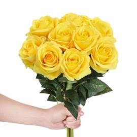 LEUCHTAMOR Pack of 10 Artificial Roses Fake Silk Roses Realistic Roses for DIY Craft Flowers for Wedding Bridal Bouquets, Arrangements, Party and Home Decorations (Pure Yellow)