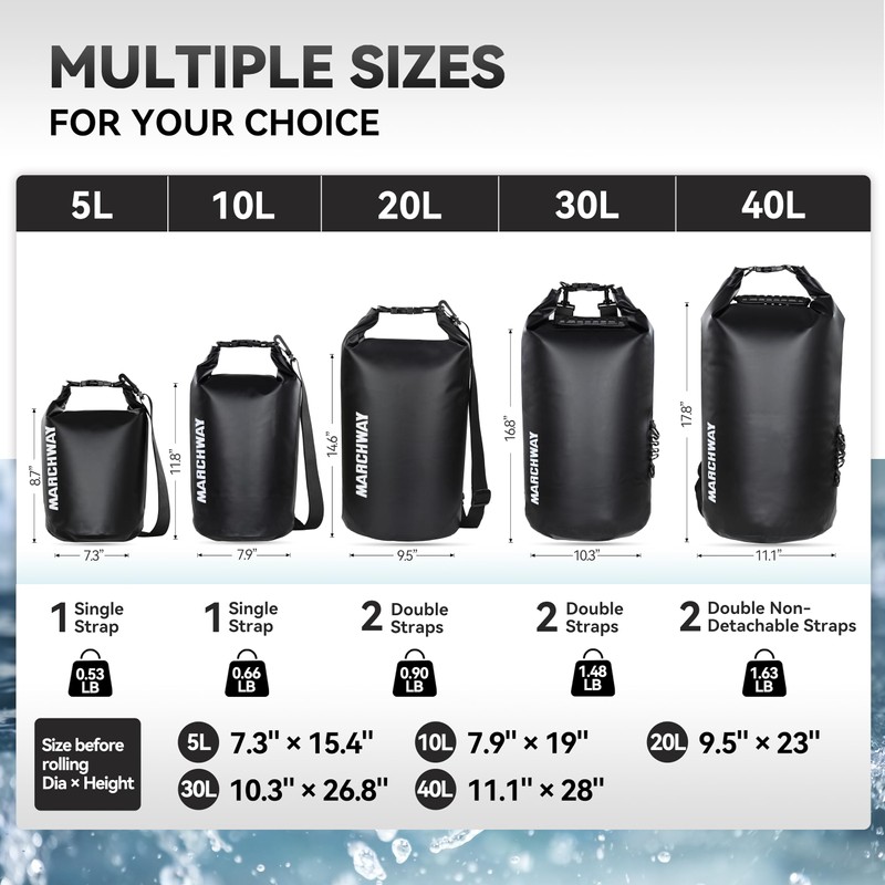 MARCHWAY Floating Waterproof Dry Bag Backpack 5L/10L/20L/30L/40L, Roll Top Sack