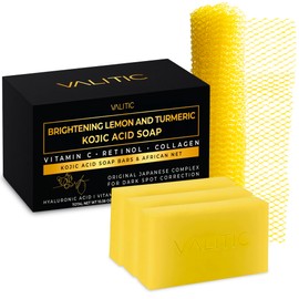 VALITIC Brightening Lemon & Turmeric Kojic Acid Soap, Vitamin C, Retinol - Original Japanese Complex with Hyaluronic Acid, Vitamin E, Shea Butter, Castile Olive Oil - 3 Pack Bundle with African Net