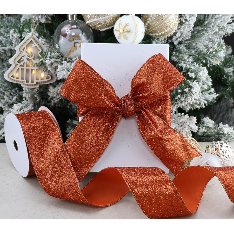 MAYREEL Orange Ribbon Wired 2.5 Inch Glitter Wired Ribbon Copper