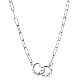Quadri - Women's Necklace Made of 925 Silver - 3.20 mm Paper Clip Chain with Hearts 18 Carat Gold-Plated or Silver-Plated - Lengths 41|45|51 cm - Certified Made in Italy -, Silver, No Gemstone