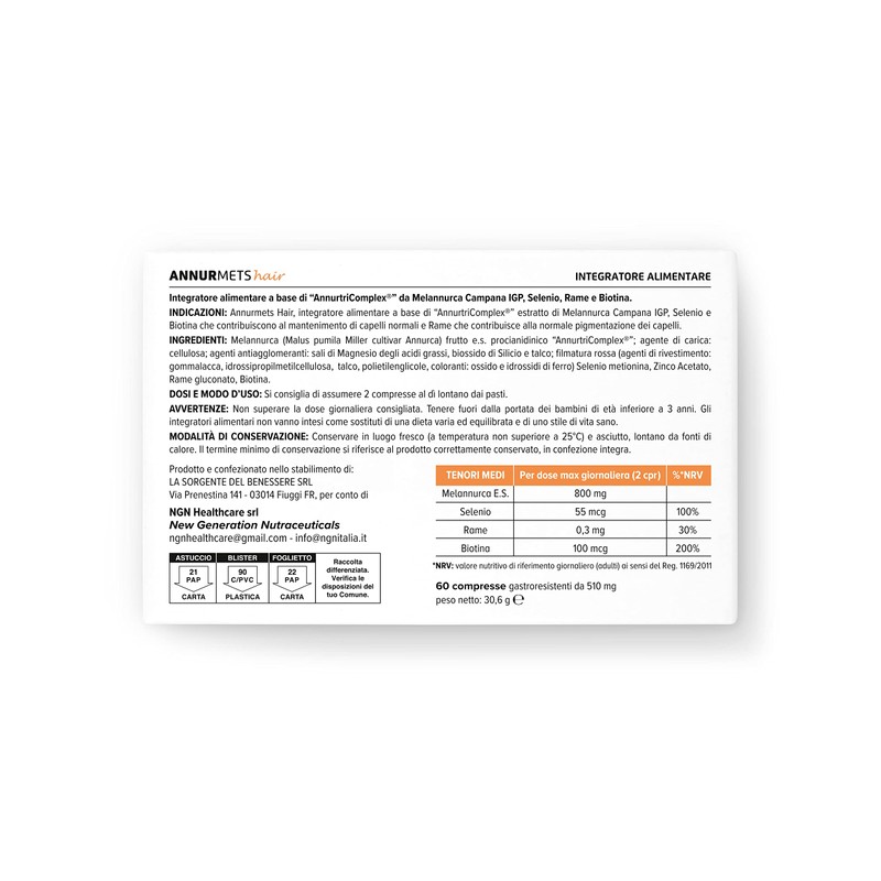 NGN HEALTHCARE-NEW GEN.NUT.Srl Annurmets Hair Tablets, No Color, 60 Pieces