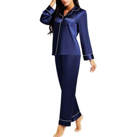 LONXU Women‘s Satin Pajamas Set Navy Blue L