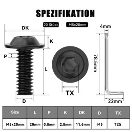 Pack of 20 M5 x 20 Screws, Pan Head Screws, Torx Screws, Flange Screws, Stainless Steel, A2 V2A, Full Thread, Black Oxide, with Torx Key