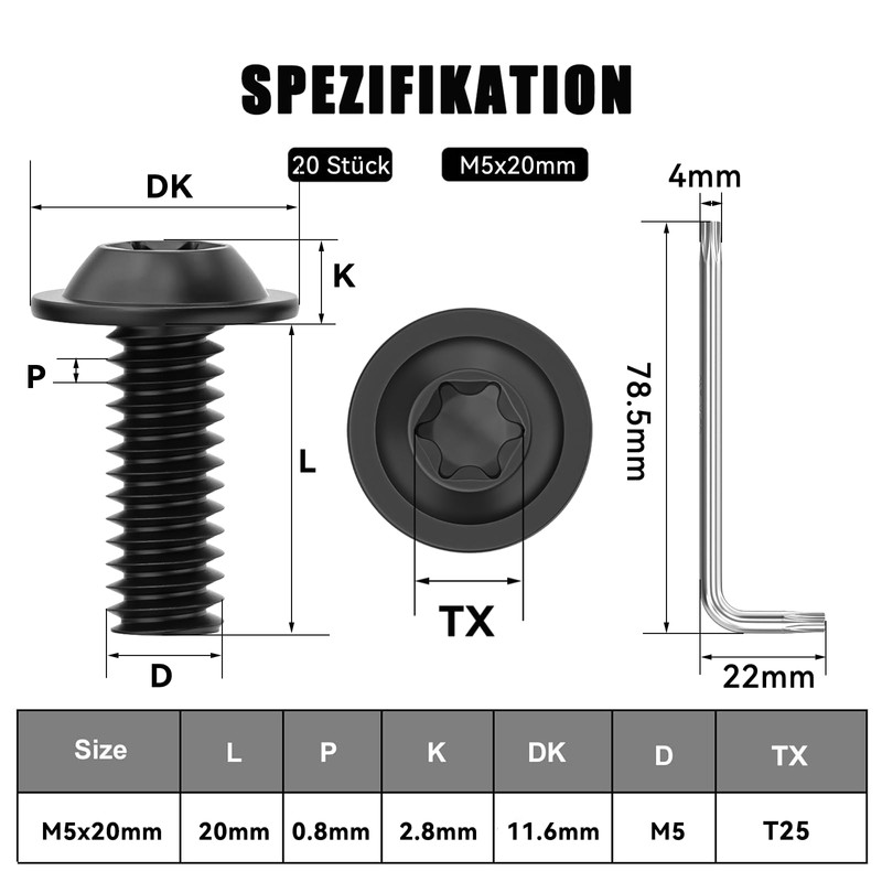 Pack of 20 M5 x 20 Screws, Pan Head Screws,