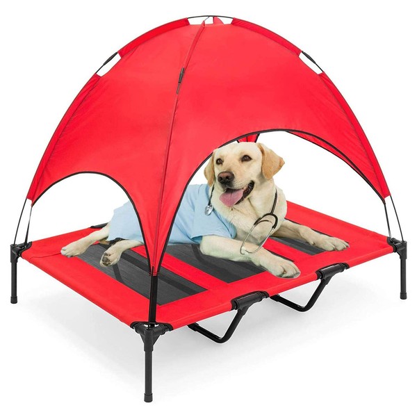 Kawuneeche Elevated Dog Bed with Removable Canopy w/Convenient Carrying Bag Indoor Shade 1680D Portable Raised Oxford Fabric Outdoor Cooling Dog Cot Cat Bed Pet Tent for Camping (48", Red)